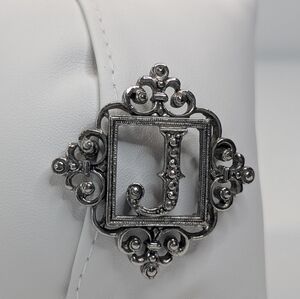 Vintage J Initial Silver Tone Brooch